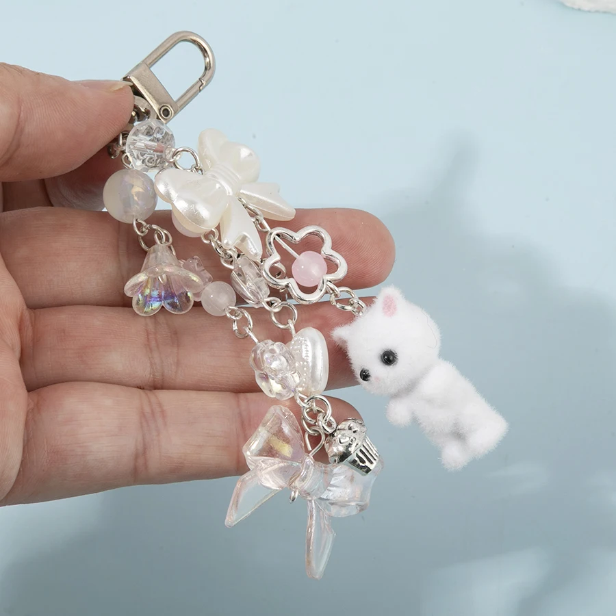 Nette Beflockung Simulation Tier 3D Katze Schlüsselbund Mädchen Bowknot Perlen Schlüssel Ring Kette Nette Tasche Geldbörse Handys Schlüsselring Schmuck Geschenk