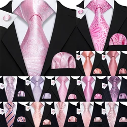 Barry.Wang Pink Mens Tie Hanky Cufflinks Set Peach Salmon Rouge Rose Jacquard Necktie For Male Wedding Party Business Event