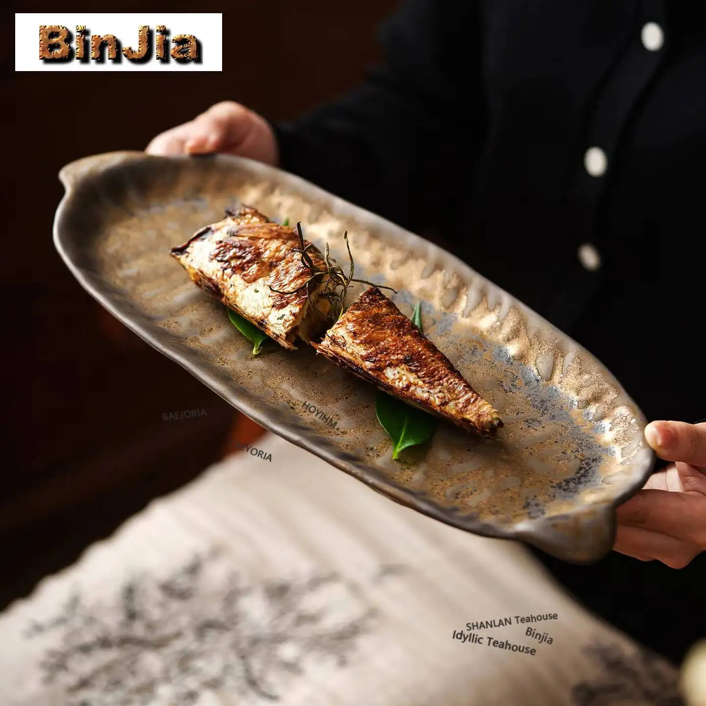 Kiln Fambe Gilded Glaze Double-ear Long Strip Plate New Household Fish Plate Dessert Plate High-end Commercial Serving Plates
