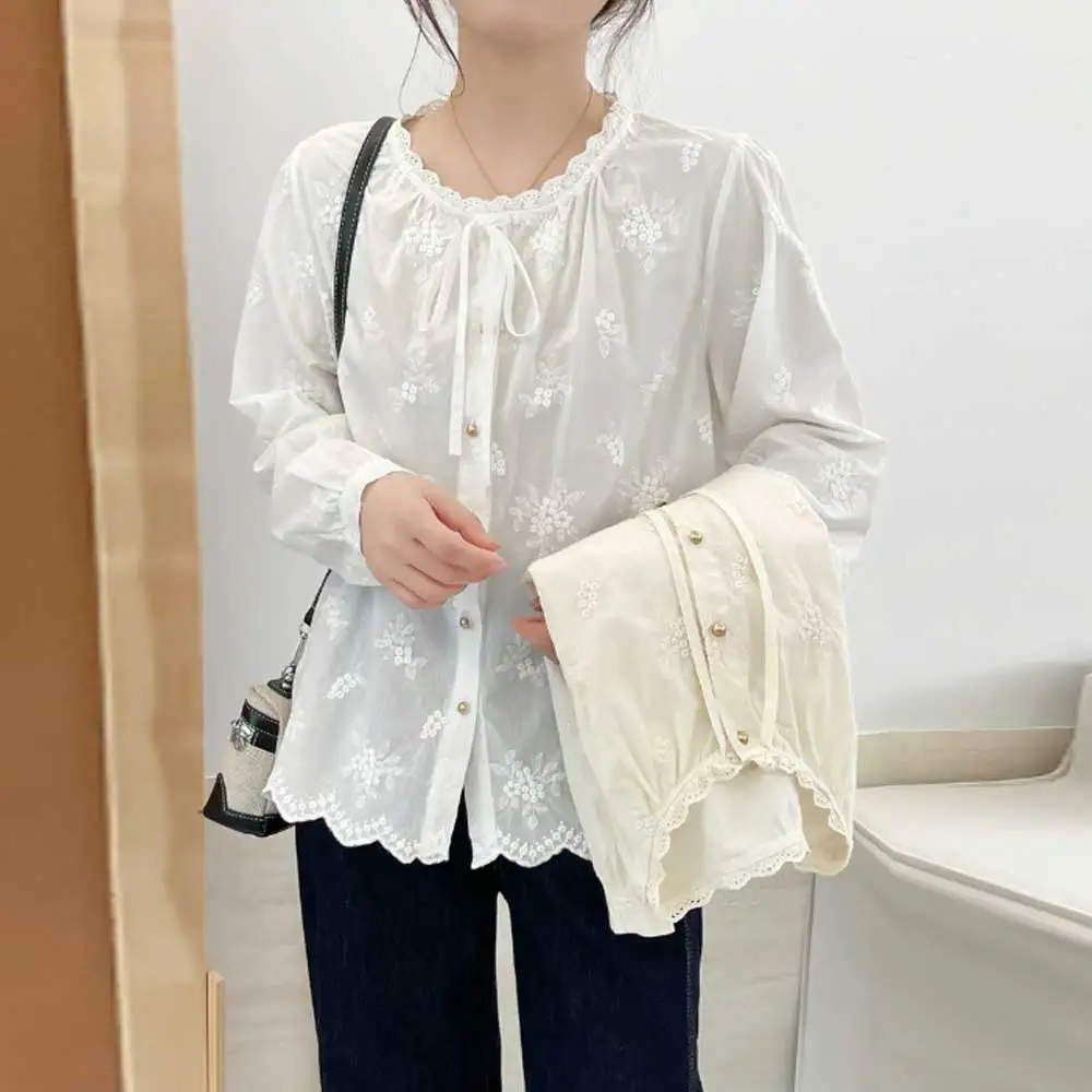 

Японские милые однотонные рубашки с вышивкой для девочек Mori, женские осенние повседневные свободные блузки на шнуровке с круглым вырезом и длинными рукавами, топы