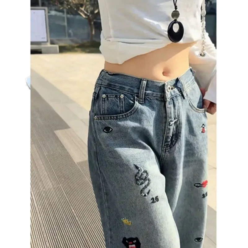 European-style Embroidered Jeans Bestseller Women Autumn Large-sized Pear-shaped Slimming Wide-leg Pants with A Drooping Effect