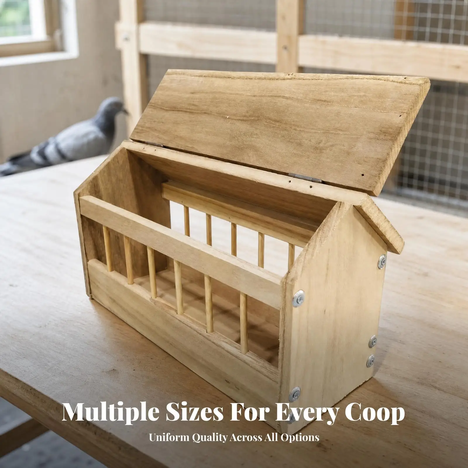 Solid Wood Poultry Automatic Feeder for Pigeons Aviary Backyard Covered Trough Bird Feeding Station