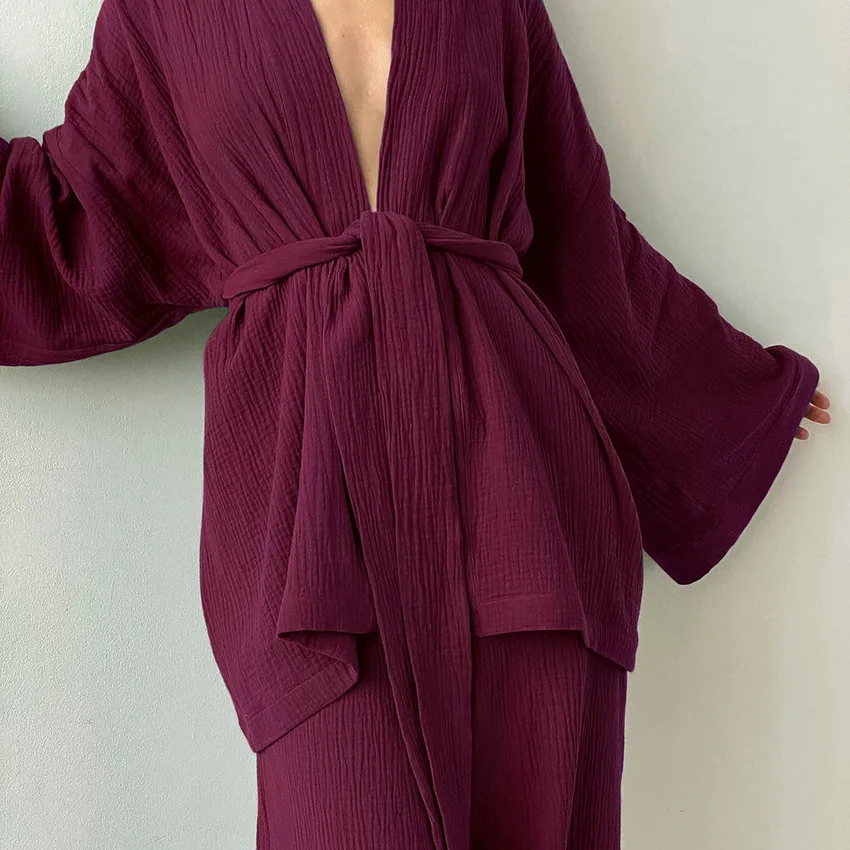 

Women's Nightgown Robe Pajama Sets 100% Cotton Flare Nightgown Trouser Home Suits Drop Sleeves Set Woman 2 Pieces Bathrobe Sleep