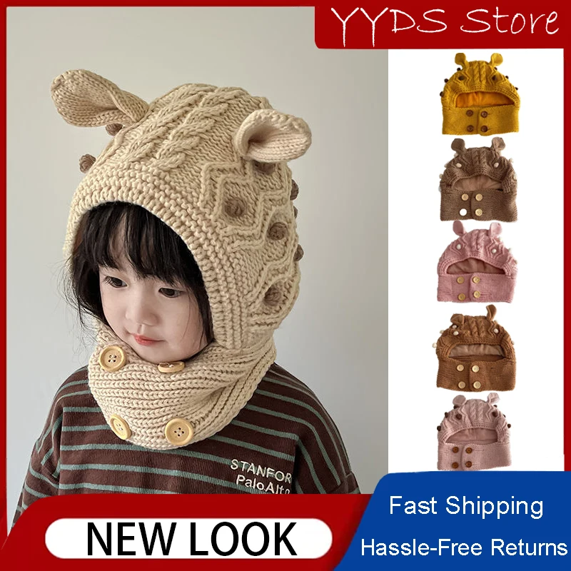 Winter Cute Velvet Children's Hat Cartoon Ears Hat Bib One Cap Warm Thick Baby Balaclava Ear Protection Cap