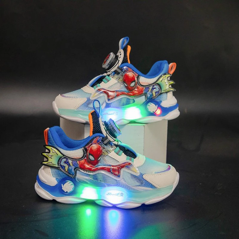 Disney Kinder Licht Sportschuhe Frühling Herbst Rotierenden Knopf Mesh Atmungsaktive Leucht Jungen Laufschuhe Größe 26-35
