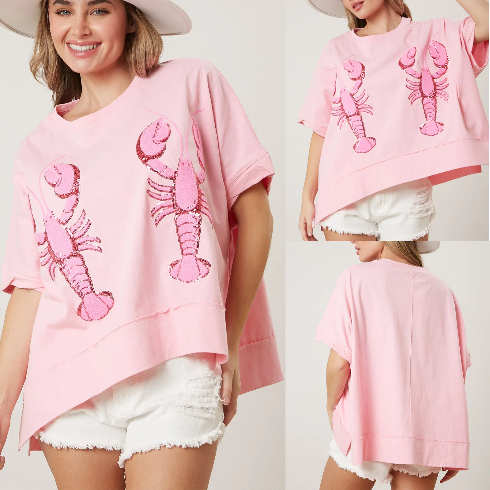 Loose Pink Cute Casual Top With Lobster Sequins T-shirt Fashion Streetwear Short Sleeve Tees Cotton Blend