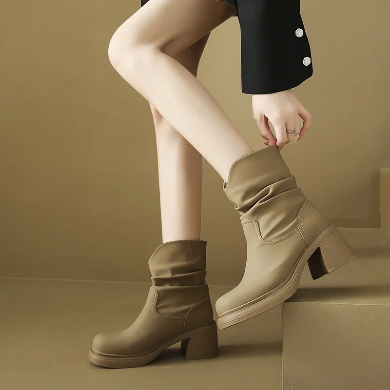 New Fashion Modern Boots Womens Thick High Heel Shoes Black/Khaki Round toe Real Leather Pleated Knee-High Slip-On Knight Boot