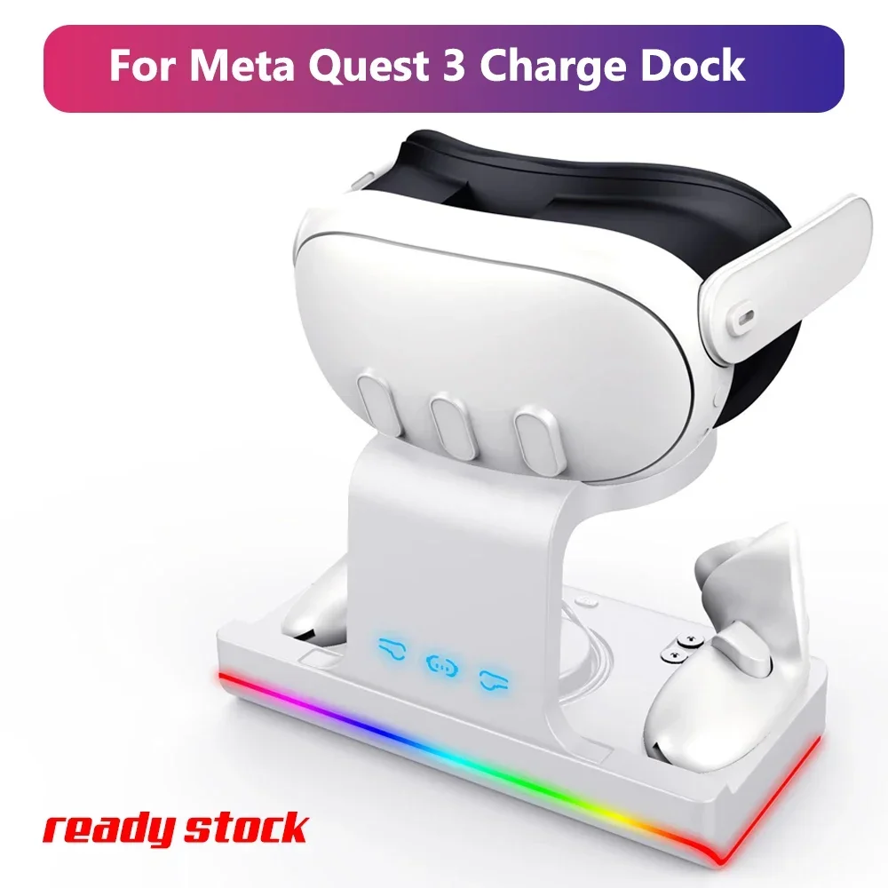 RGB Charging Dock for Meta Quest 3, Oculus VR Accessories Charger Station Controller Battery Pack, Fit Elite Head Strap