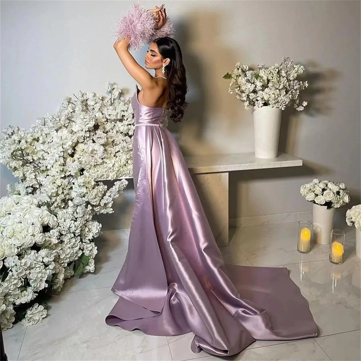 Satin Cocktail Customized Dresses for Prom Mermaid Long Wedding Party Dress Women Elegant Luxury Feather Sleeve Decoration Sexy