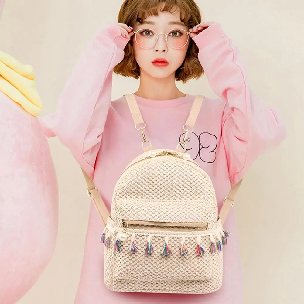 

Bohemian Woven Backpack Casual Laptop Backpack with Tassel Stylish Shoulder Backpack Summer Beach Bag Outdoor Travel Bag