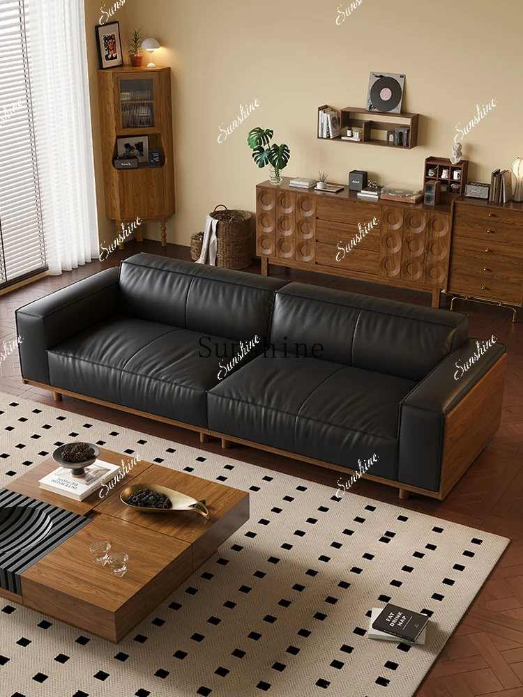Tofu block ash wood leather sofa antique living room small apartment big black cow straight row FT