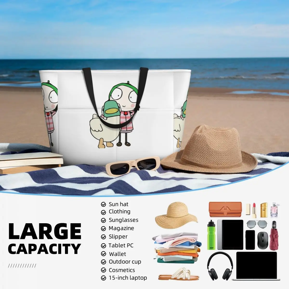 Sarah And Duck Having Fun Beach Tote Bag Sport Gym Yoga Duffle Large Tote Bag Women Travel Bag Fitness bag