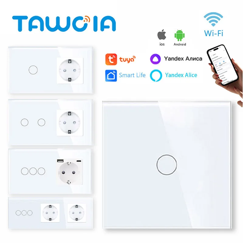 TAWOIA WLAN-Touch-Schalter Wandlichtschalter mit EU-Steckdose USB Typ-C Anschluss Tuya Smart Life Alexa Yandex App-Steuerung Glaspanel