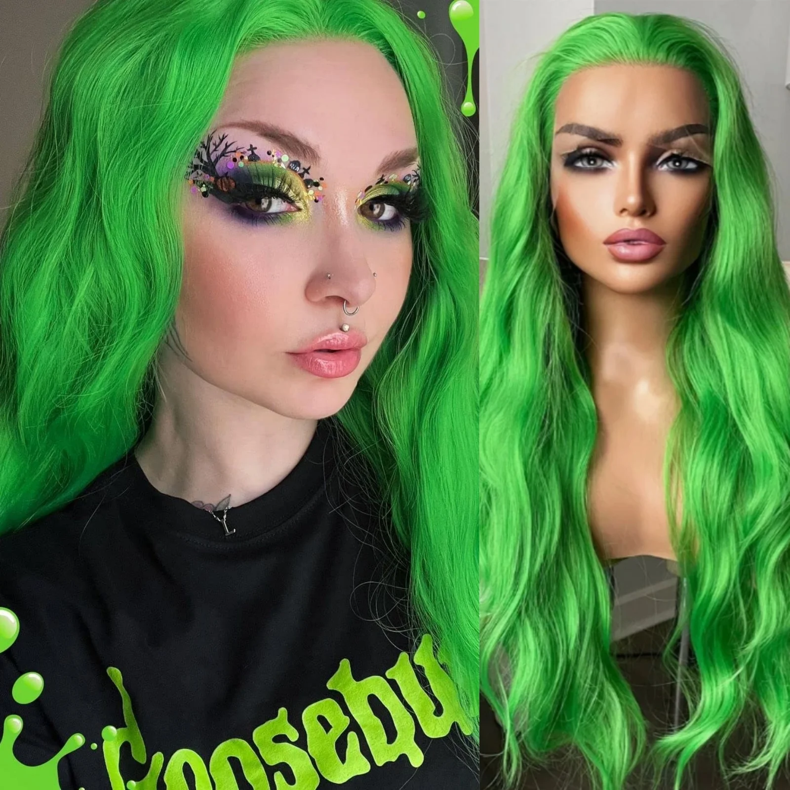 RDY Lime Green Wig Natural Body Wave Synthetic Lace Front Wig Glueless Long Wavy Colored Hair Lace Frontal Wigs for Women Daily