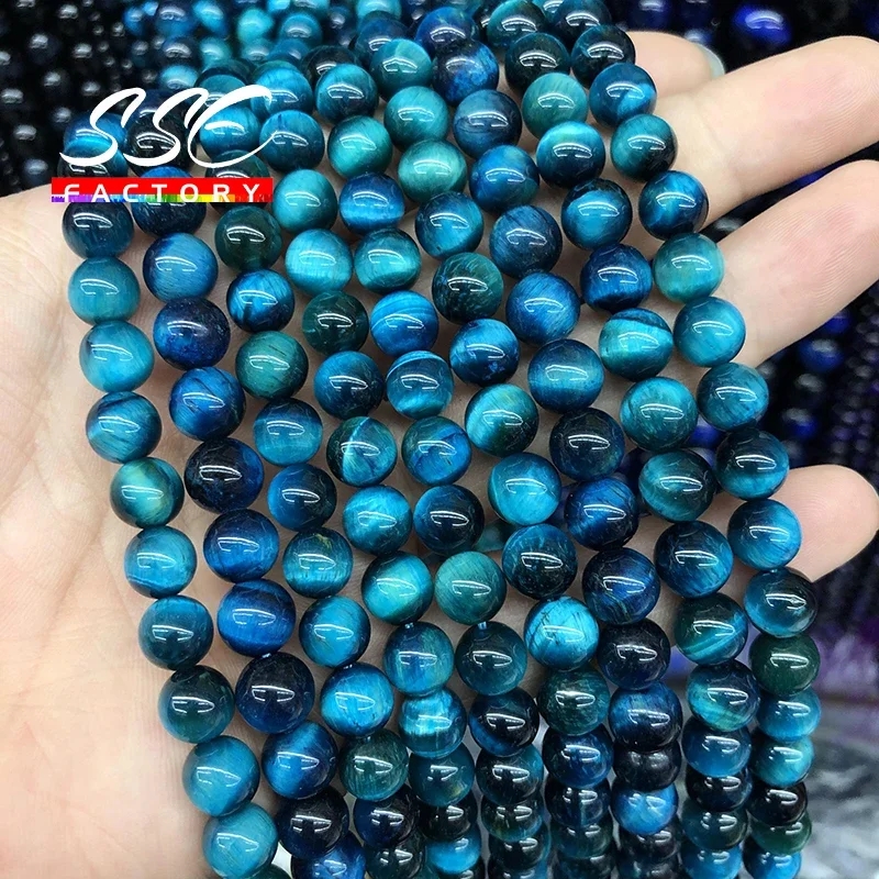 Perles d\'Œil de Tigre Bleu Rondes et Naturelles de Confection Joaillière, Billes en Vrac pour Confectionner Soi-Même des Bracelets à Breloques,