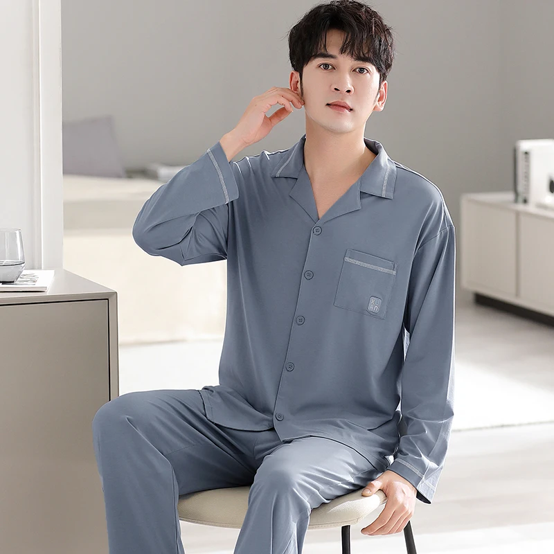 Spring and Autumn Modal Men's Pajamas Cardigan Flip Collar Simple Fashion Soft Skincare Men's Pajamas