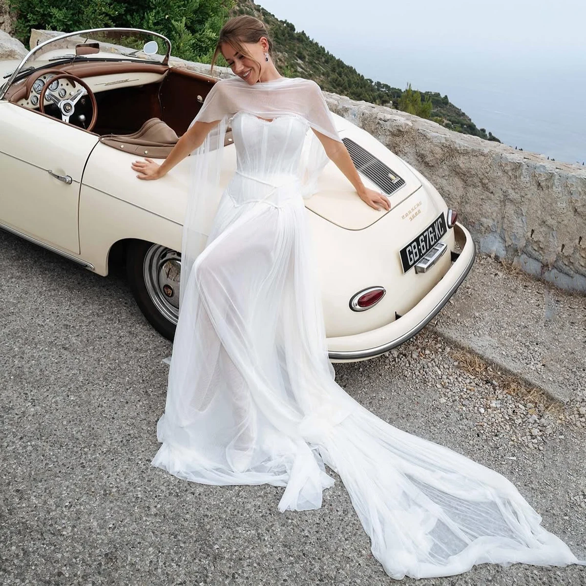 Two Pieces Corset Wedding Top with Tulle Cape Lace Up Back Customized Transparent A Line Dress Flowy Outdoor Classic Bridal Gown