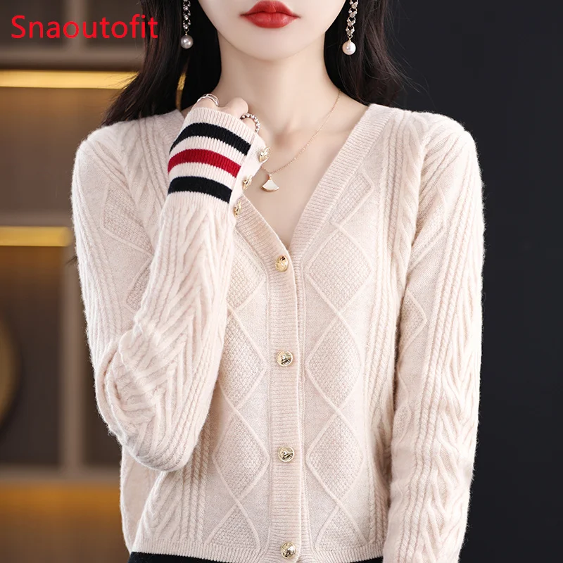 Spring Autumn V-Neck Merino Wool Cardigan Women's Patchwork Color Metal Buckle Knitted Sweater Coat Loose Show Thin Cashmere Top