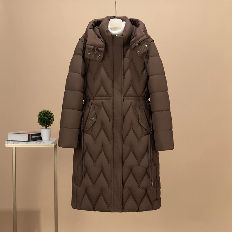 2025 ใหม่แฟชั่นยาวหนาหลวมกว่าเข่าฤดูหนาวที่ถอดออกได้แขนยาวHoodedลงผ้าฝ้ายเบาะJacket Coat