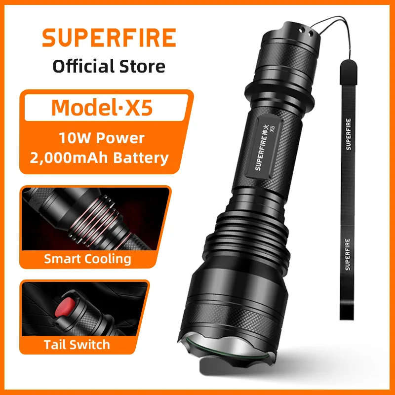 SUPERFIRE X5 10W LED Rechargeable Torch Portable Light Super Bright Tactical Flashlight Camping Fishing Handheld Search Lantern