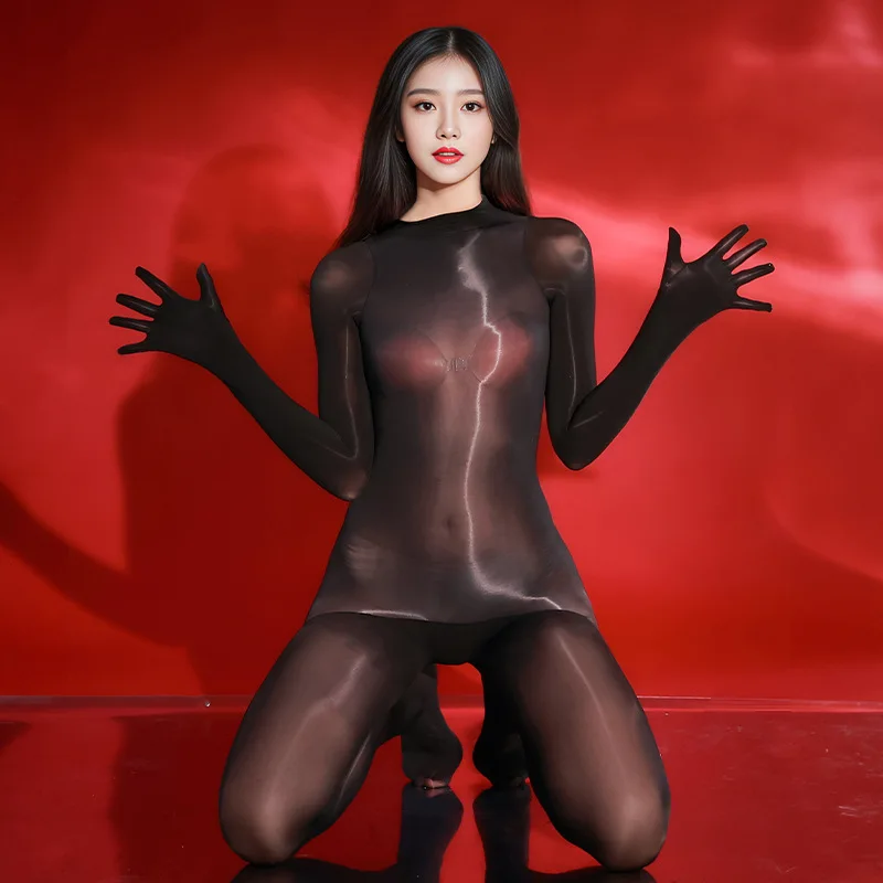 Men Women Sexy Lingerie Oily Shiny Bodystocking Glossy Sheer Bodysuit See-Through Seamless Stretch Body Stockings Erotic Romper