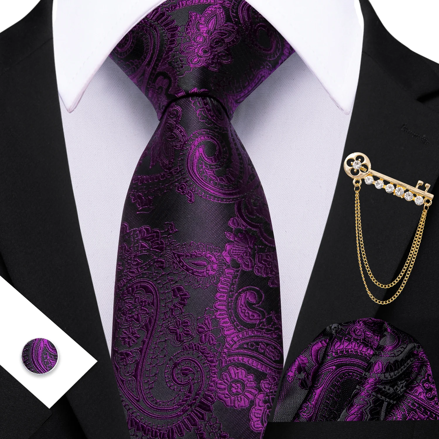 Klassisches Krawatten-Set für Herren mit Blumenmuster, Grau, Rosa, Königsblau, passender Einstecktuch und Manschettenknöpfe, lässige Krawatten-Accessoires