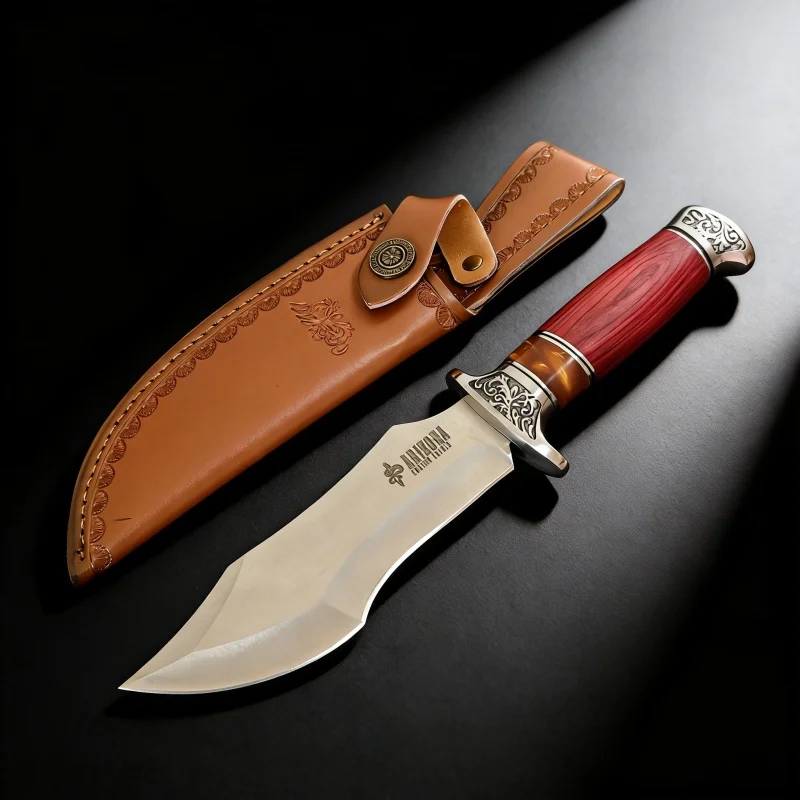 ヴィンテージストレートブレードナイフ、レッドウッドハンドル＆彫刻ガード付き、本革シース付きポータブルコレクションナイフ