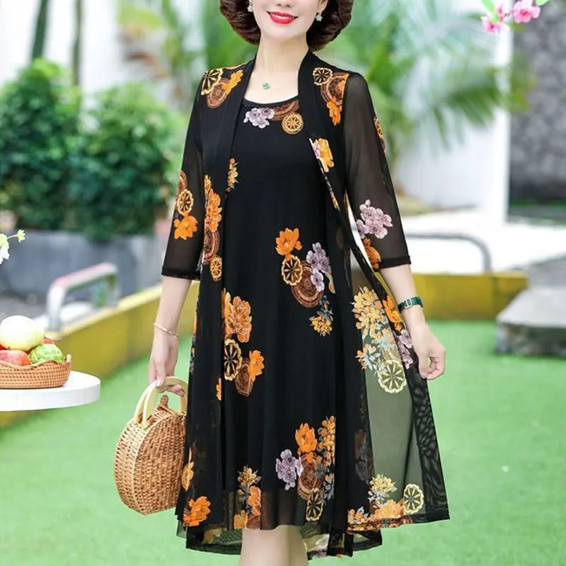 Female Clothing Vintage Floral Printed Matching Sets Two Piece Set Casual O-Neck Summer Fashion Half Sleeve A-Line Dress Sets