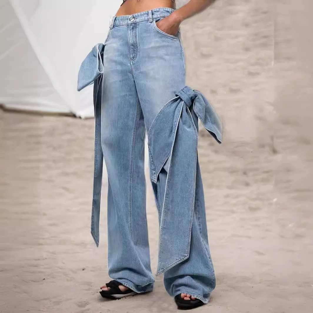 New Retro Washed Personality Patchwork Bow Wide-leg Pants, High-waisted, Loose Straight Long Jeans for Women Spring and Autumn