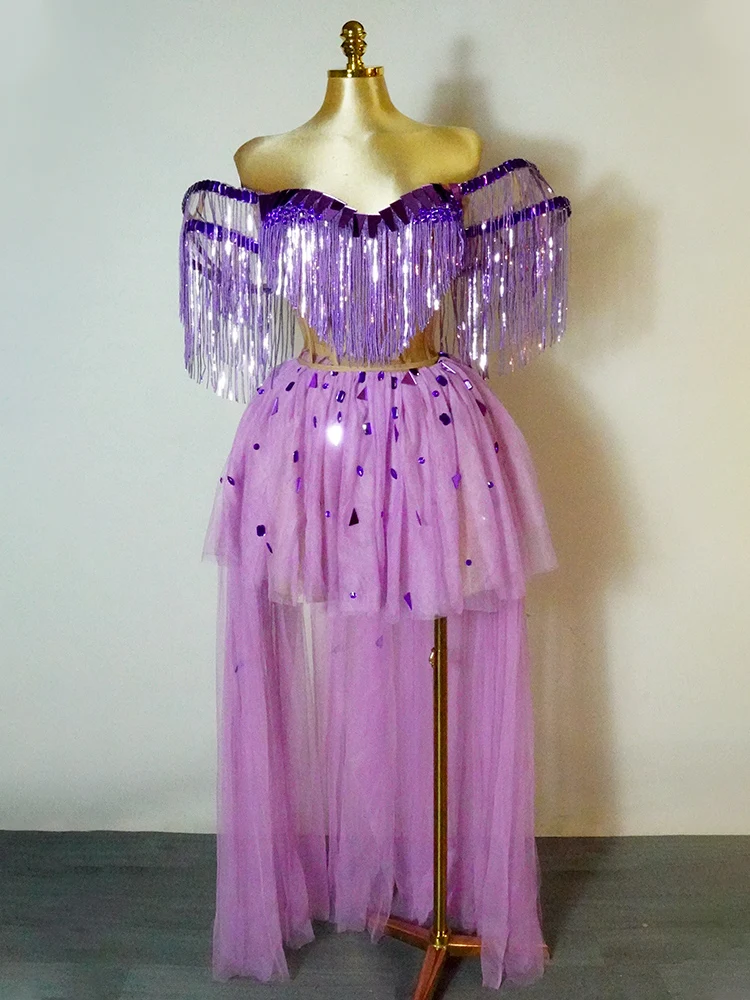 

Костюм Drags с кисточками и блестками, фиолетовые кристаллы, зеркало, комплект из 2 предметов, вечерние платья, фестиваль, празднование сценической певицы, наряд для выпускного вечера