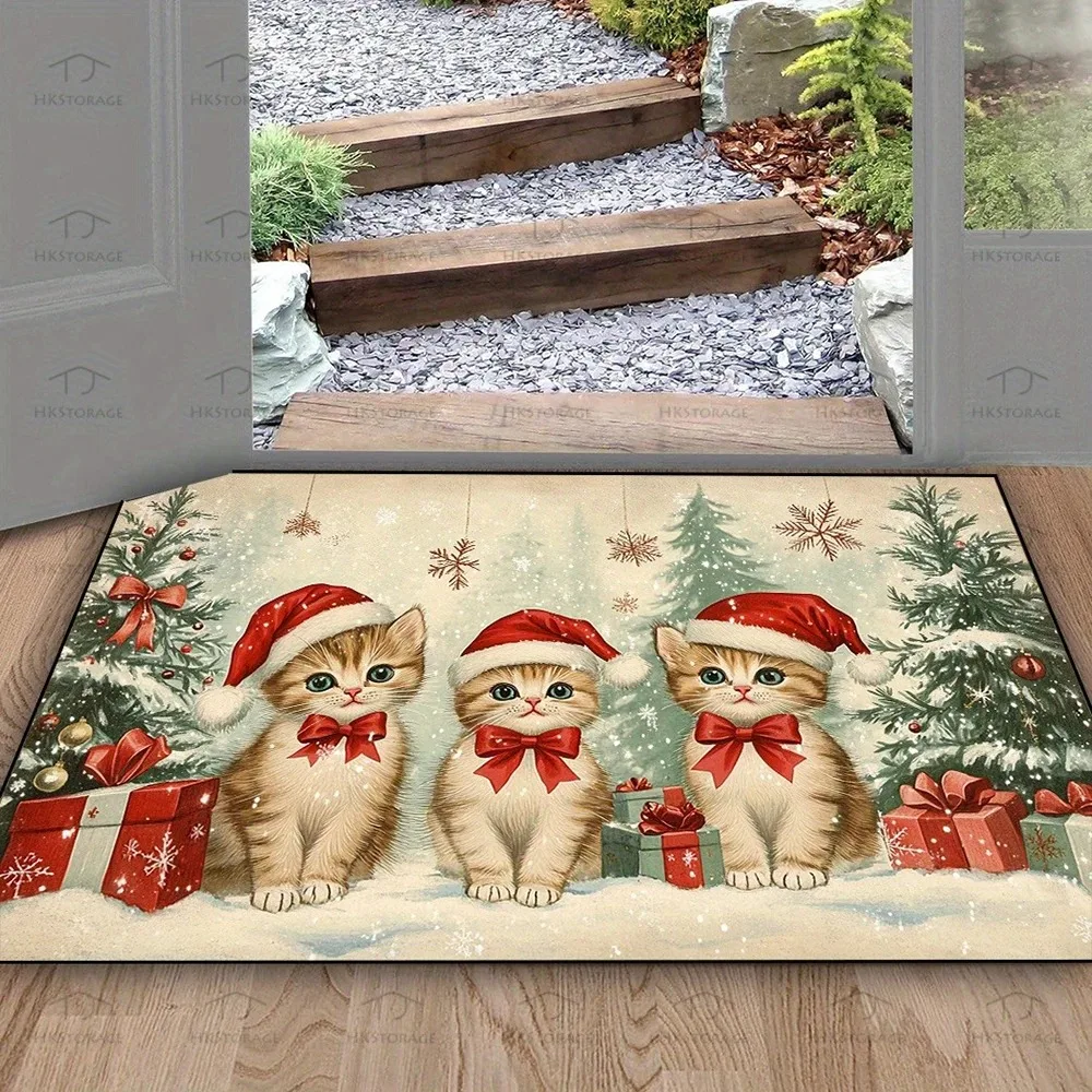 1pc Christmas Welcome Mat with Plaid Tree - Winter Indoor Outdoor Doormat for Front & Rear Door
