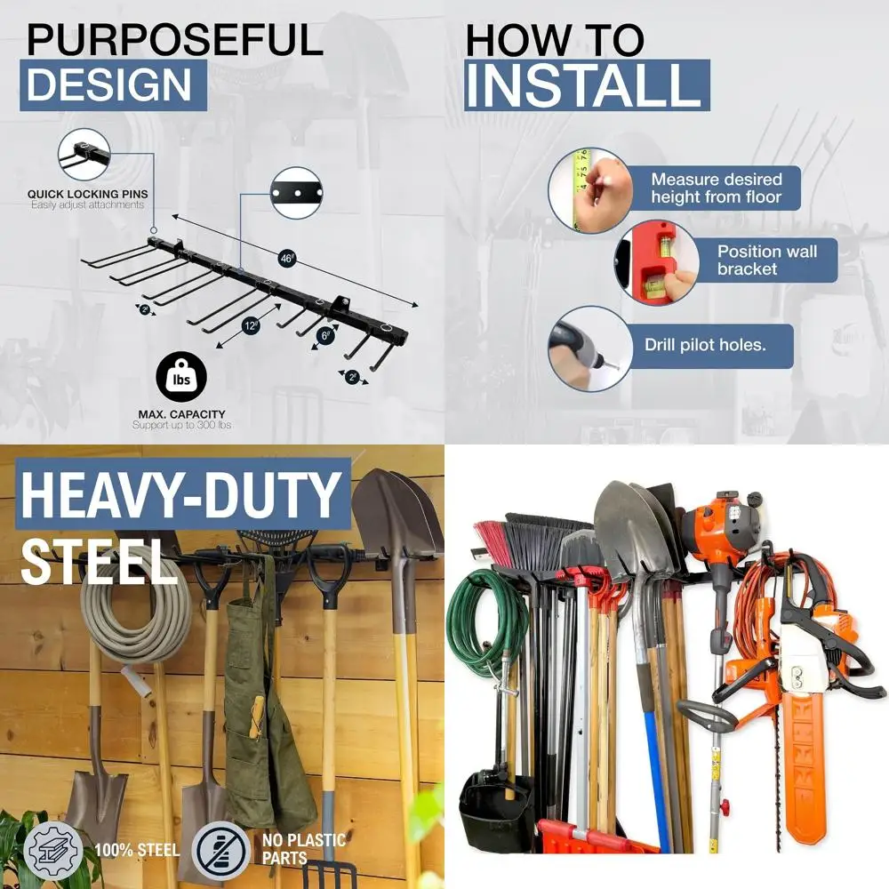 

Прочная настенная стойка для инструментов для гаража и сада - выдерживает до 136 кг