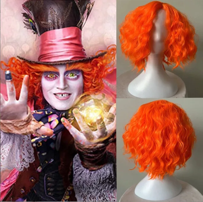 Cosplay Perücken Abenteuer im Wunderland The Mad Hatter Perücke Halloween Perücke Orange Kurzwelle Alice Kostüm Ball Rollenspiel Kopfbedeckung