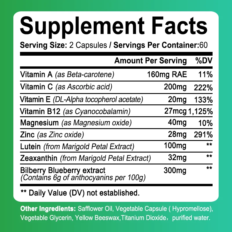 O suplemento do olho com luteína, vitaminas A, C, E, zinco, promove a saúde do olho e Zeaxanthin, luz azul do filtro