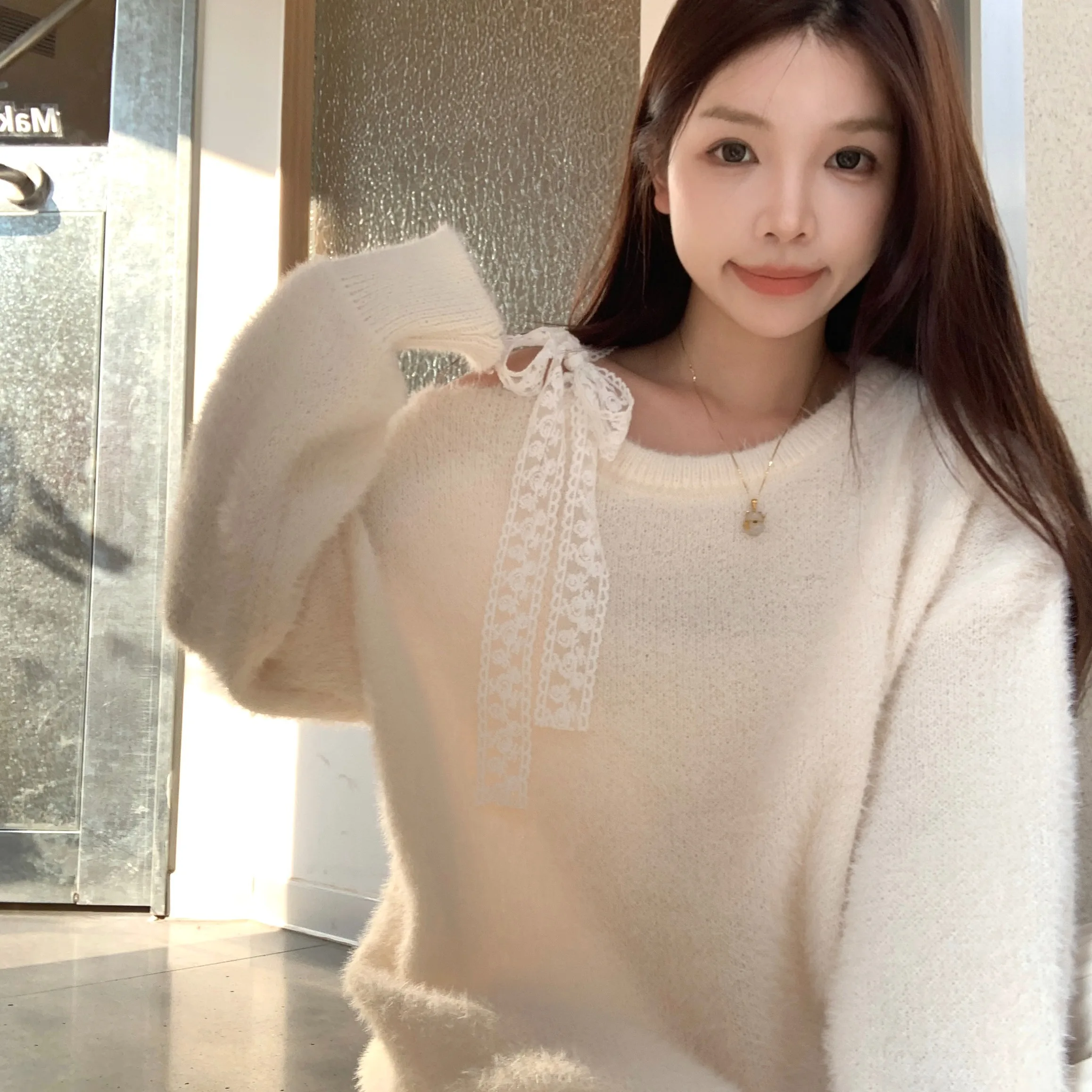 oulder Bared Sweater Women's Loose Fit Splicing Design Autumn Winter New Sle Ele Lazy Sle Slimming Top for Women