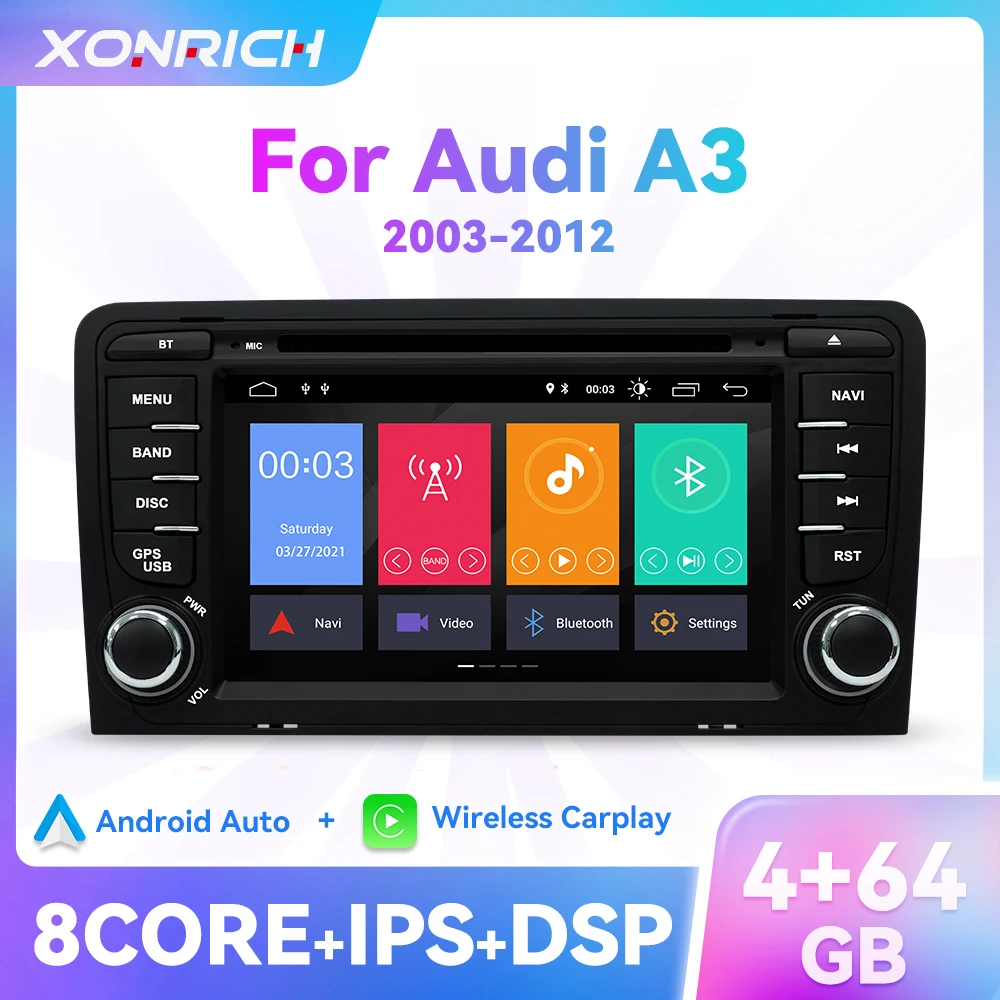 4GB Carplay Android 12 2 Din Car DVD Player For Audi A3 8P S3 2003-2012 RS3 Sportback IPS Multimedia RDS Navigation Stereo Radio