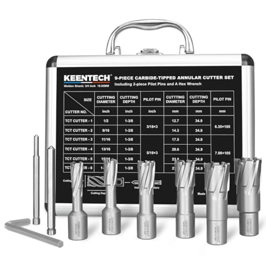 

9-PC Carbide-Tipped Annular Cutter Set, 1/2" to 1-1/16" Cutting Diameter, 1-3/8" Cutting Depth, 1/4" Weldon Shank Mag Drill Bit