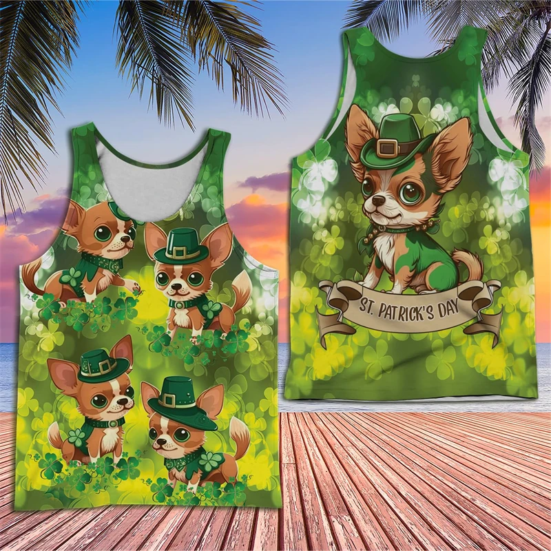 

Happy St Patrick Day 3D Print Tank Top For Men Clothes Hawaiian Clover Animal Dog Graphic Vest Pet Dogs Waistcoat Kids Gift Tops