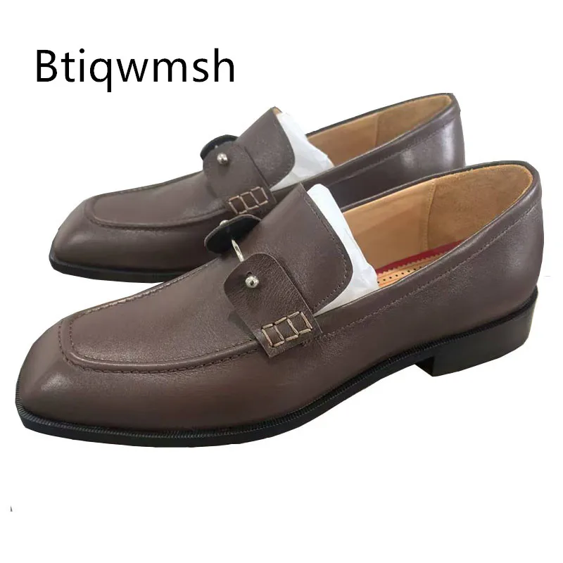 

Коричневые туфли из коровьей кожи, мужские туфли без шнуровки с острым носком, серебряный металлический декор, без шнуровки на плоской подошве, мужская модная обувь для вечеринок