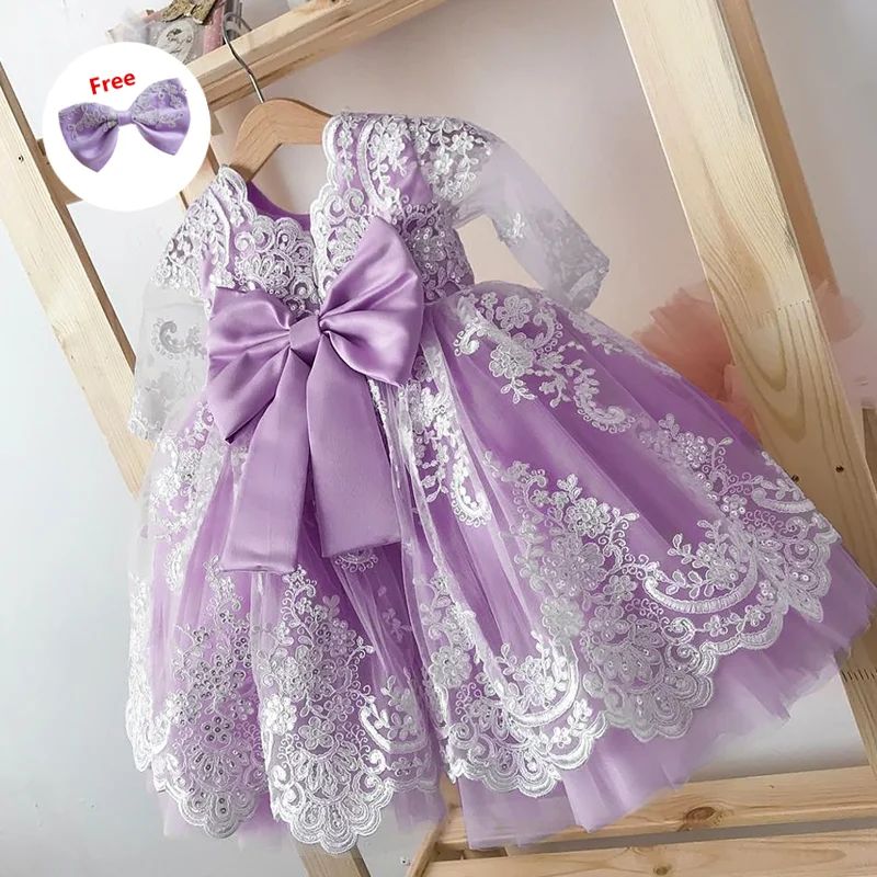 Baby Girl Mesh Flower Embroidered Princess Purple Gown Wedding Bridesmaid Flower Girl Dress Birthday Evening Party Big Bow Dress