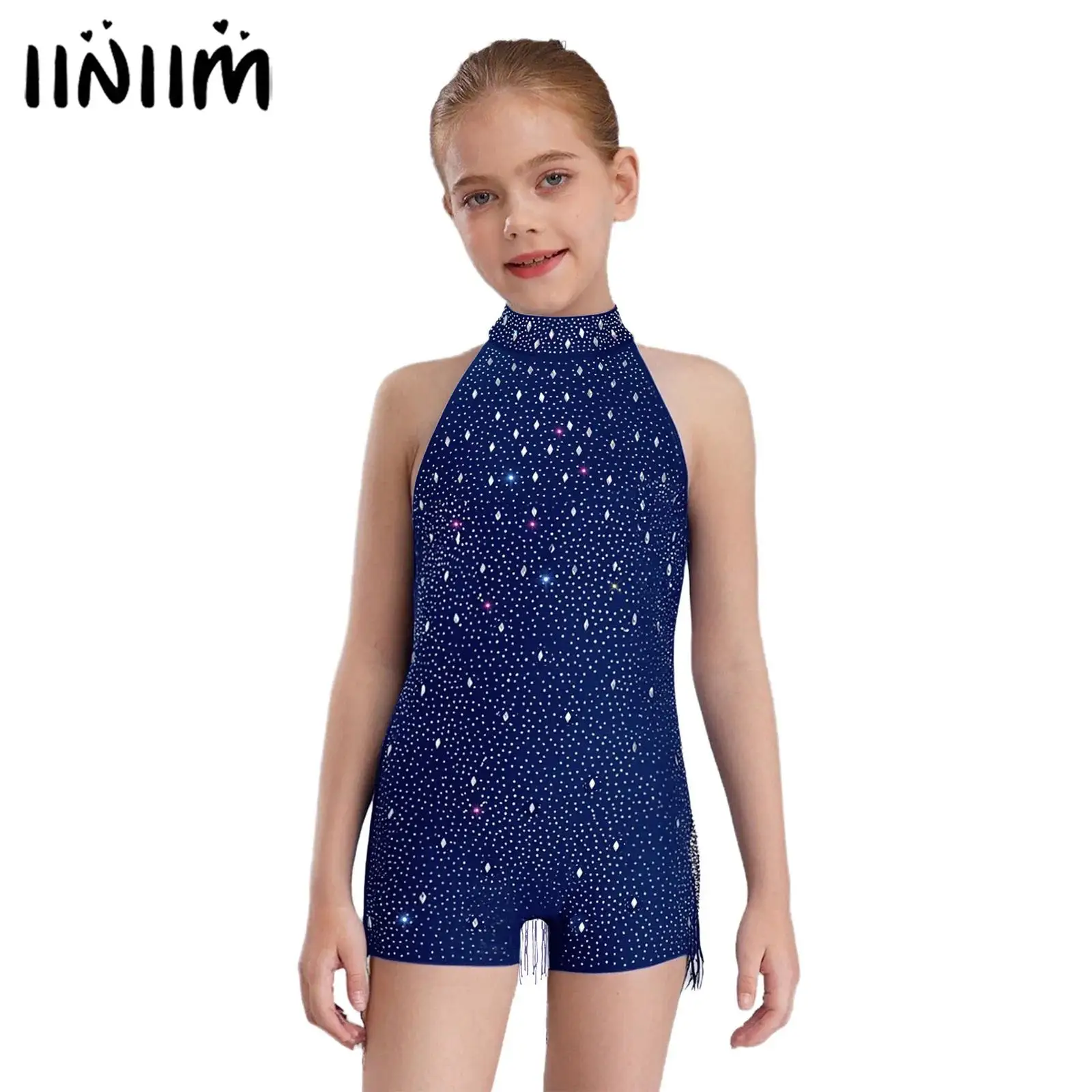 

Kids Girls Ballet Leotards Fringed Jumpsuit Latin Jazz Dance Performance Costume Halter Backless Shiny Rhinestones Bodysuit
