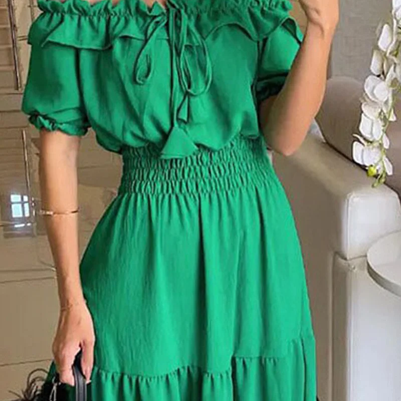 

Sexy One-oulder ort-Sve Long Elastic Waist Bell Bot Skirt Par Dr High Waist Polyester Bubble Sve Summer Dr