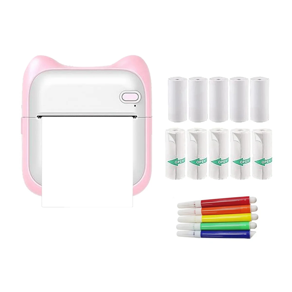 New Mini Printer Sticker Maker, Portable Thermal Sticker Printer, Mini Inkless Printer with 10 Roll Paper and 5 Color Pens