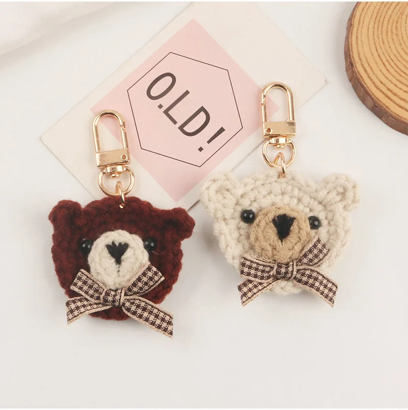 Cartoon Plush Bow Tie Bear Keychain Cute Knitted Animal Keyrings For Women Earphone Case Pendant DIY Friendship Gifts Wholesale