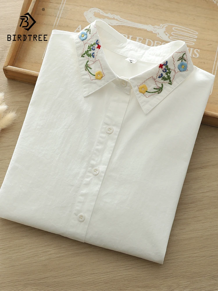 

New 2026 Spring Women Cotton Long Sleeve Shirt, Turn-down Collar Floral Embroidery, Mori Girl OL Commute Loose Blouse T63260CC