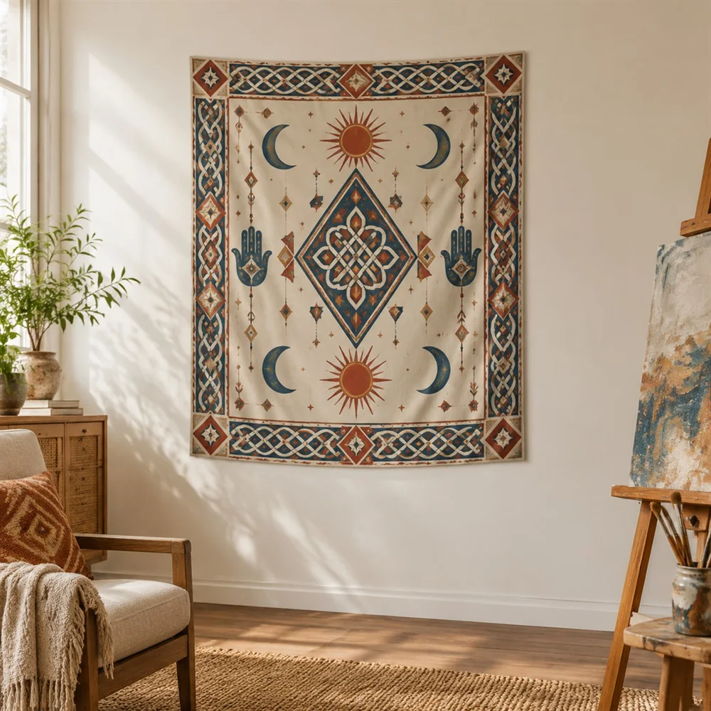 VIKAMA Macrame Knot Pattern Border Frame Tapestry Wall Hanging, Bohemian Wall Art Tapestries for Kitchen Dining Room Living Room