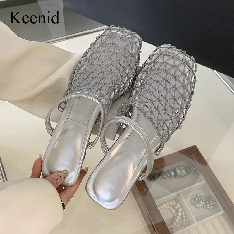 

Kcenid Fashion Square Heel Hollow Mesh Mules Female Slides Women Strange Style Modern Slippers Women Square Toe Summer Sandals