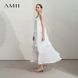 Amii Minimalist Women's Long Chiffon Dress 2025 Autumn New Laminated Gentle Women Dress Loose Elegant Suspender Skirt 12541155