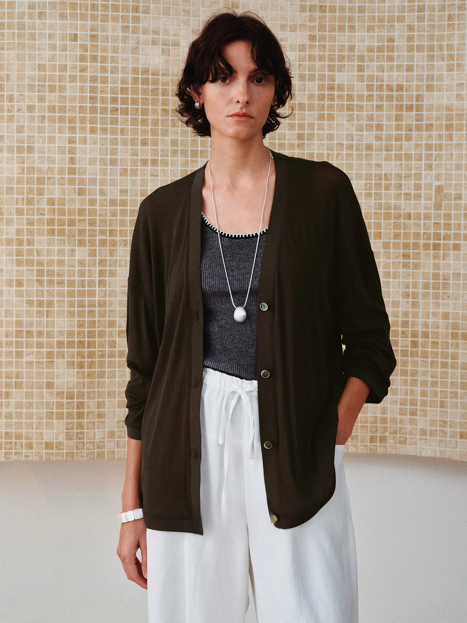 

MARIUS Casual Long Velvet Cotton High Twist Yarn Moisture ng mat Loose oulder Drop Rib Knit Open Cardigan