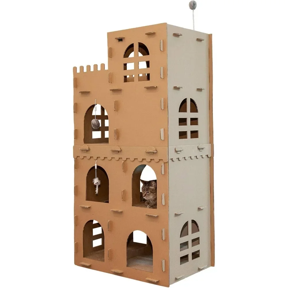 

Multi-Level Cardboard Cat Condo W/ Catnip for Indoor, Scratching Pads, Toys, High Castle Tower Cats Scratcher Hideout, Cat Stuff